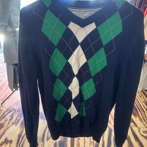 American Eagle Mens Argyle V-Neck Sweater Navy Blue Green Cotton Size M